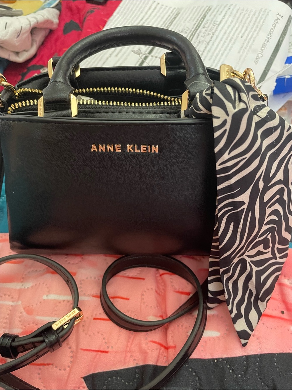 Anne Klein Black Satchel with Zebra-Print Scarf Accent
